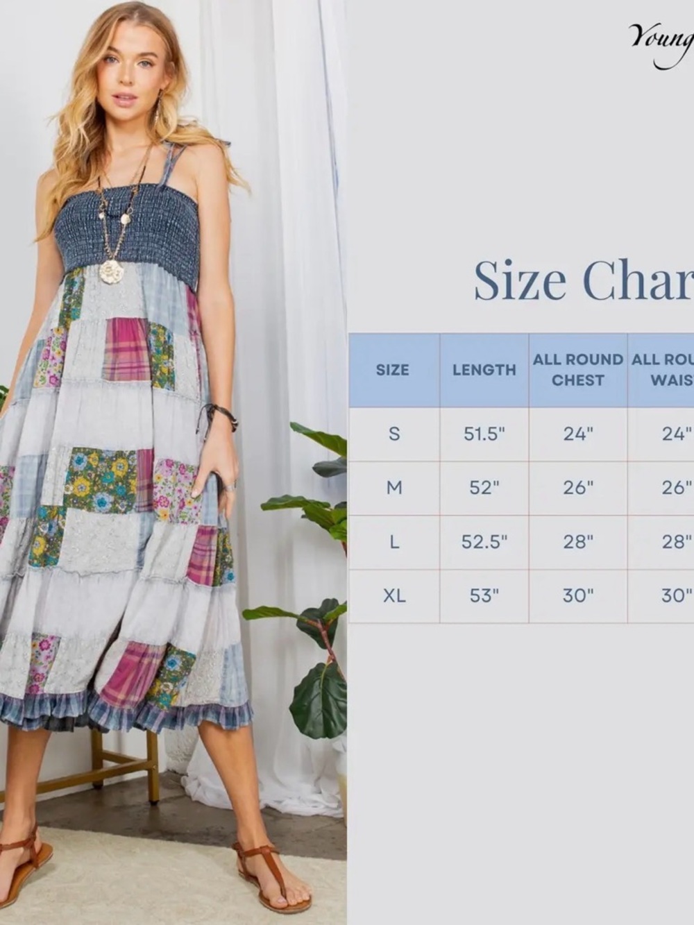 NWT Young Threads Patchwork Boho Smocked Midi Dress Blue Floral Cottagecore Fes - Picture 15 of 16